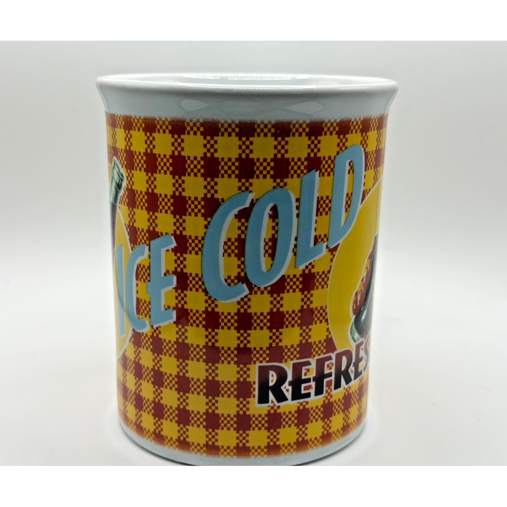 Coca~Cola Coffee Mug "Refreshing" Ice Cold Red/Yellow Check Gibson 14oz. Vintage - Picture 2 of 6